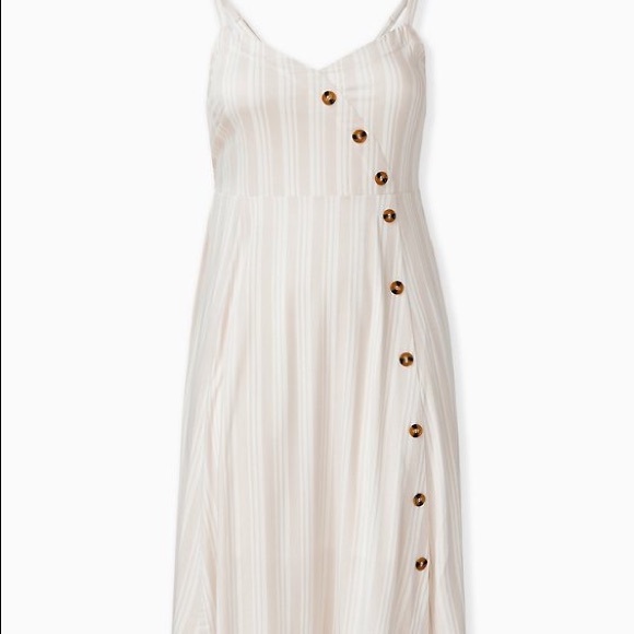 torrid Dresses & Skirts - Torrid Taupe Striped Challis Asymmetrical Tortoise Button Midi Tank Dress Size 3